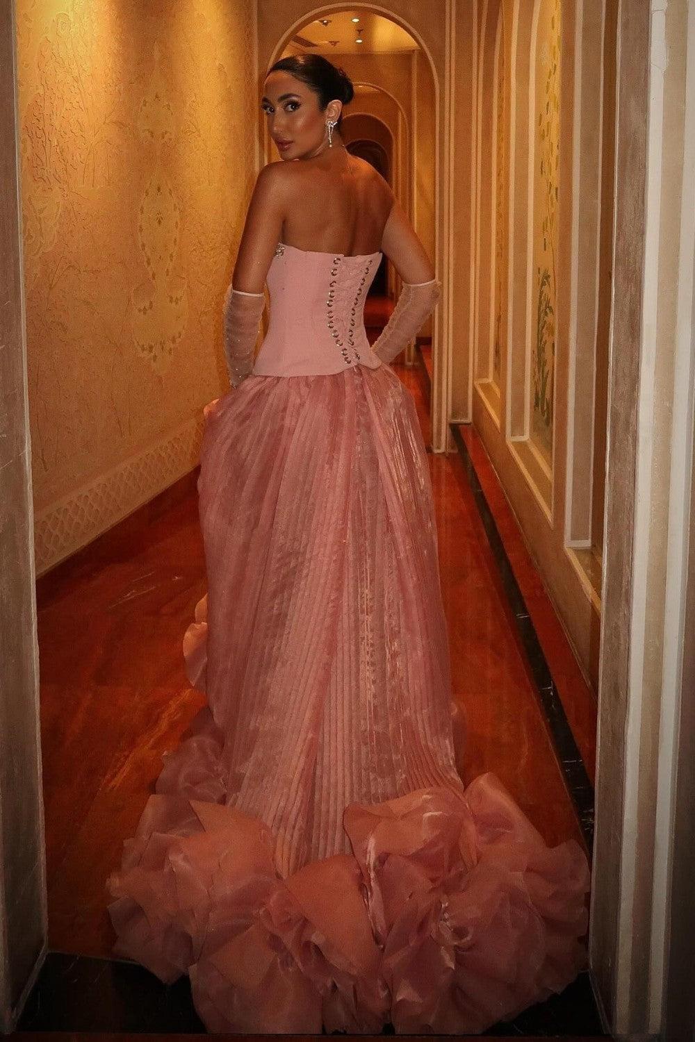 Pink Strapless Corset Prom Dress With Beaded Bodice And Tulle Skirt Formal Evening Gown