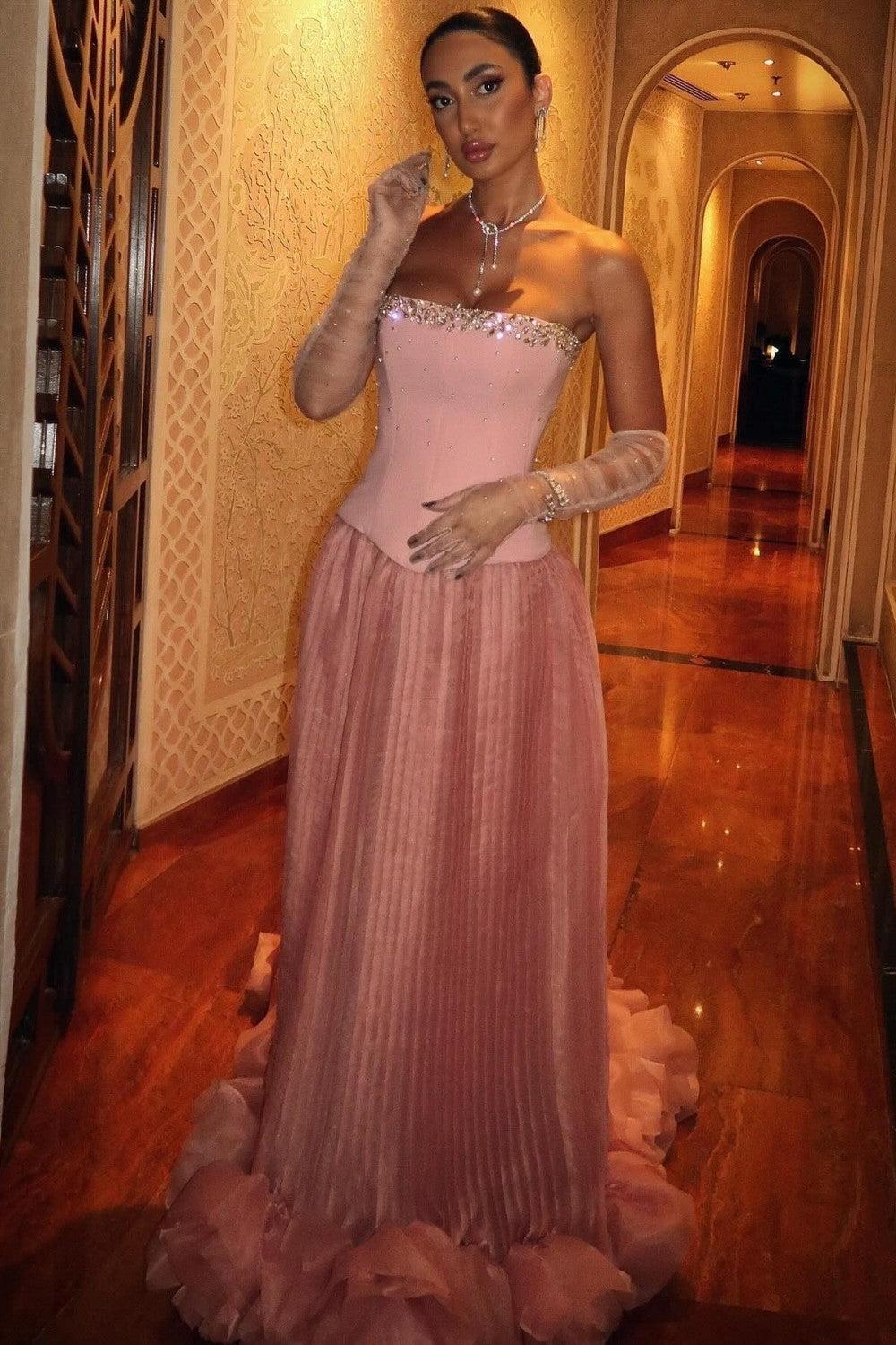 Pink Strapless Corset Prom Dress With Beaded Bodice And Tulle Skirt Formal Evening Gown