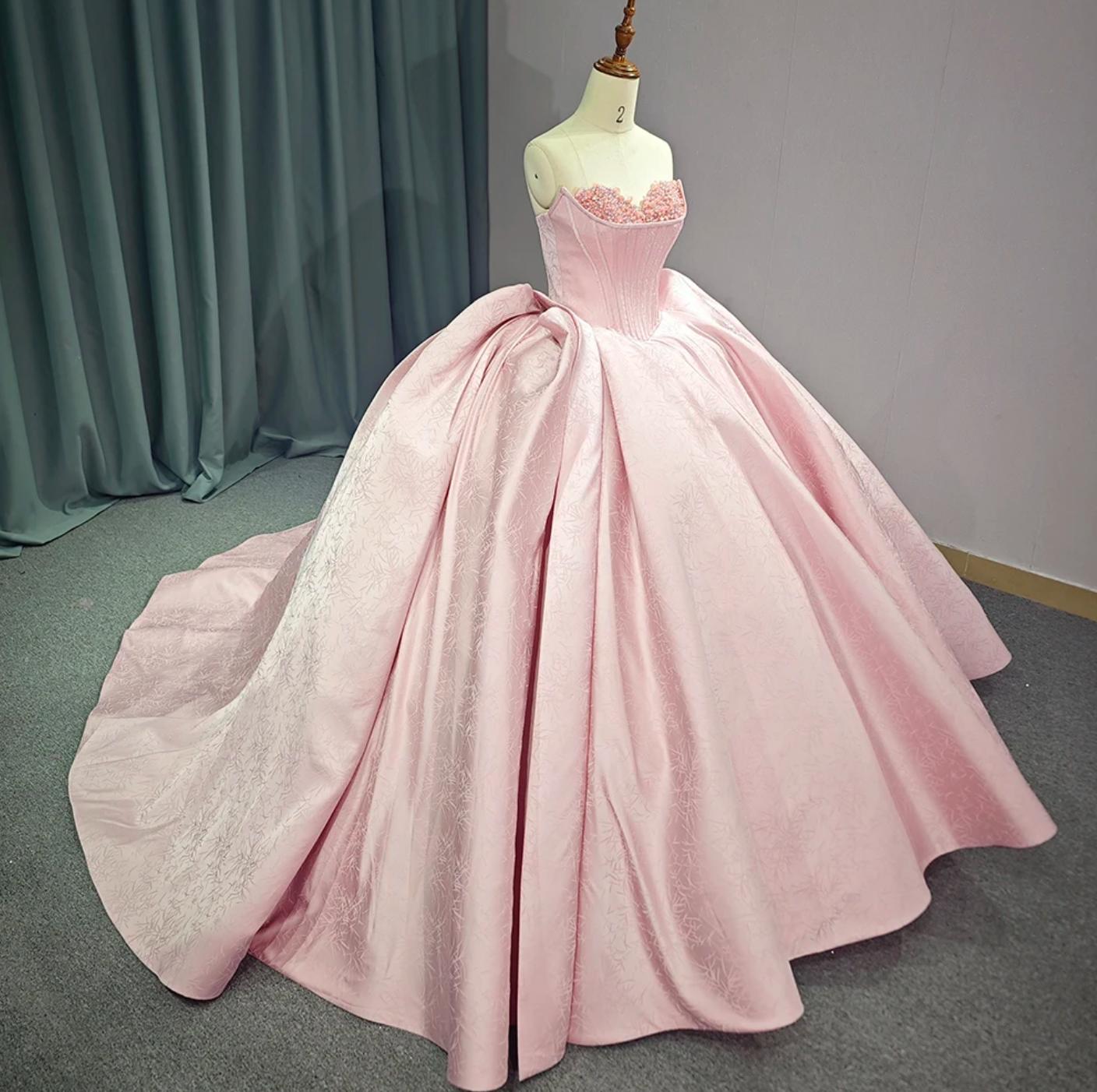 Pink Strapless Satin Quinceanera Dress Corset Ball Gown Birthday Party Sweet 16 Dress