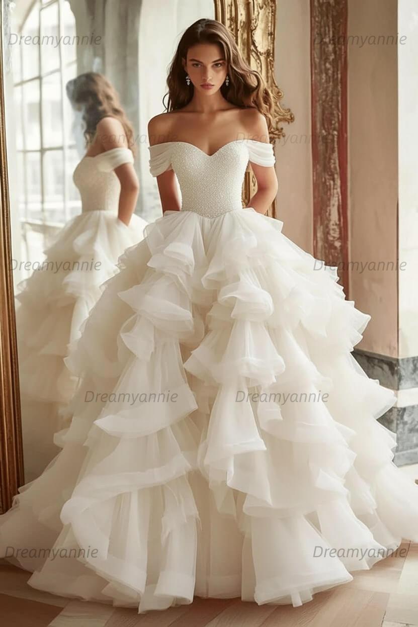 Pink Tiered Prom Dress Off the Shoulder A Line Formal Dress