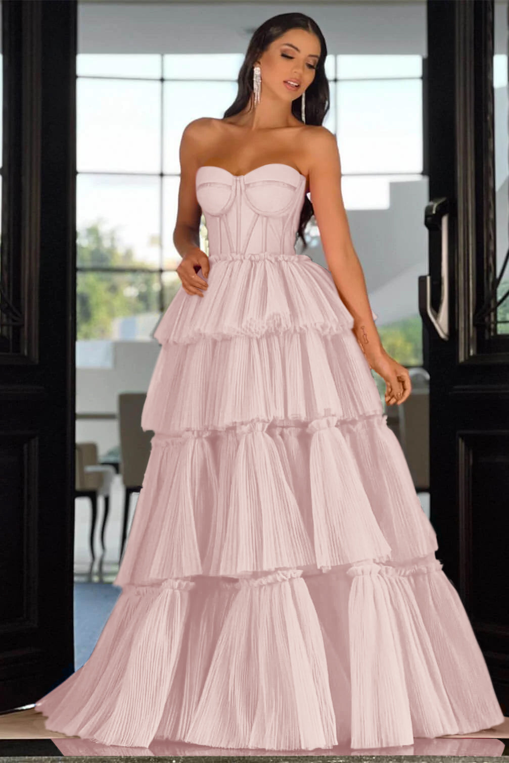 Pink Tiered Prom Dress Sleeveless Sweetheart Formal Dress