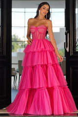 Pink Tiered Prom Dress Sleeveless Sweetheart Formal Dress