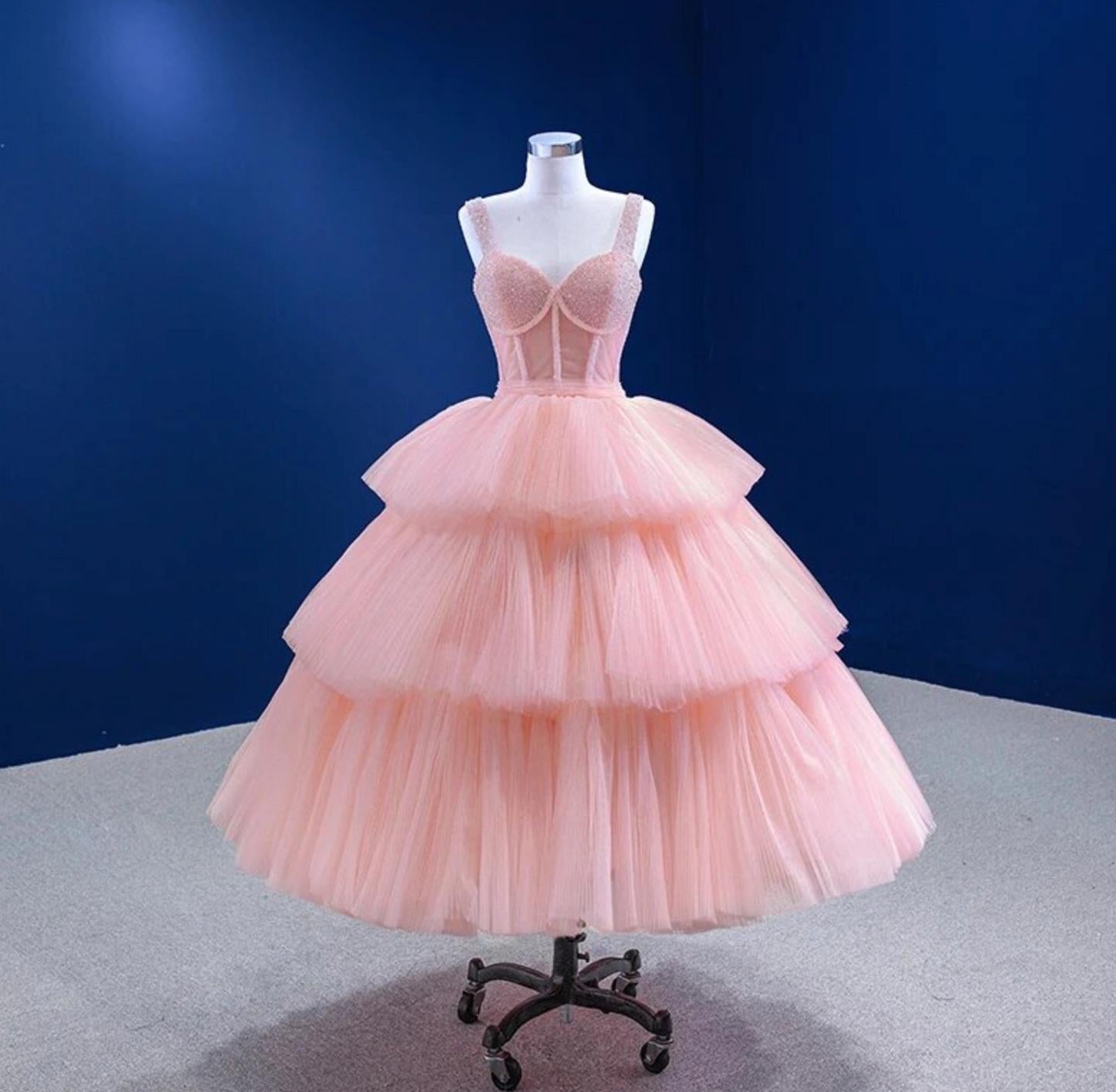 Pink Prom Dress Tiered Quinceanera Dress Party Evening Dress