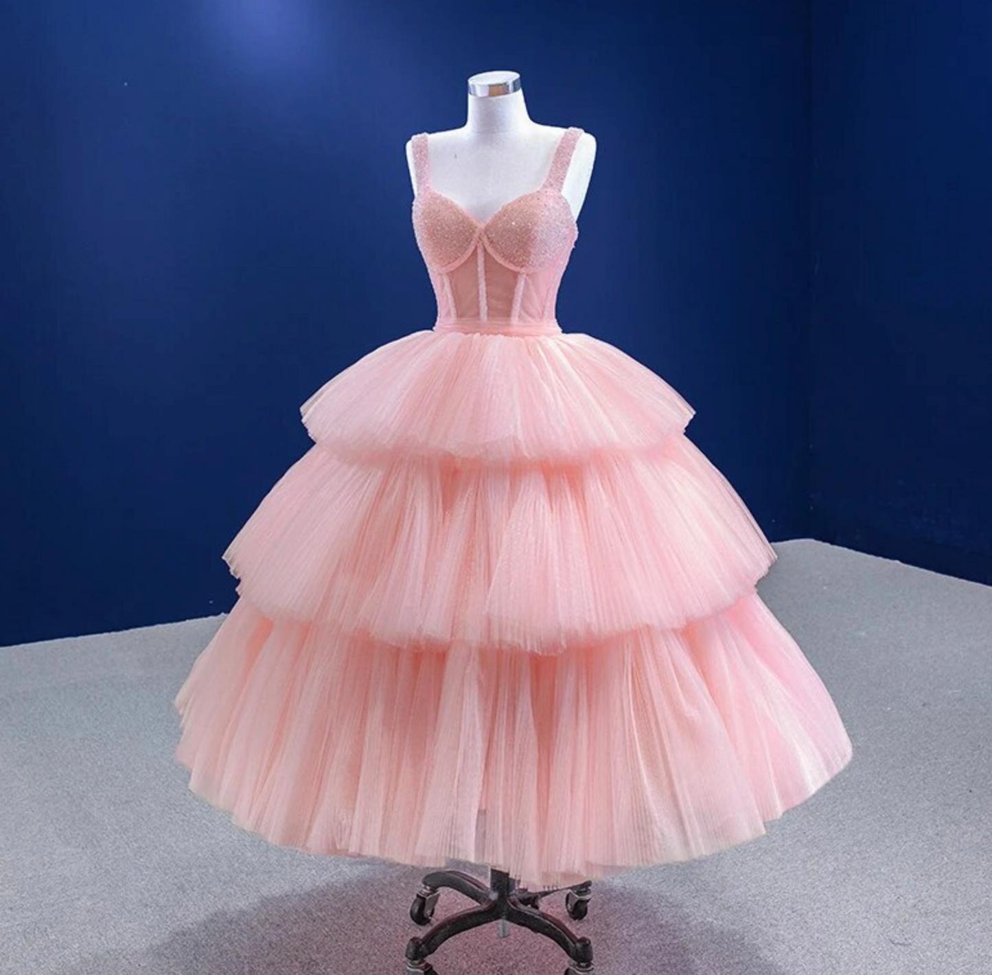 Pink Prom Dress Tiered Quinceanera Dress Party Evening Dress
