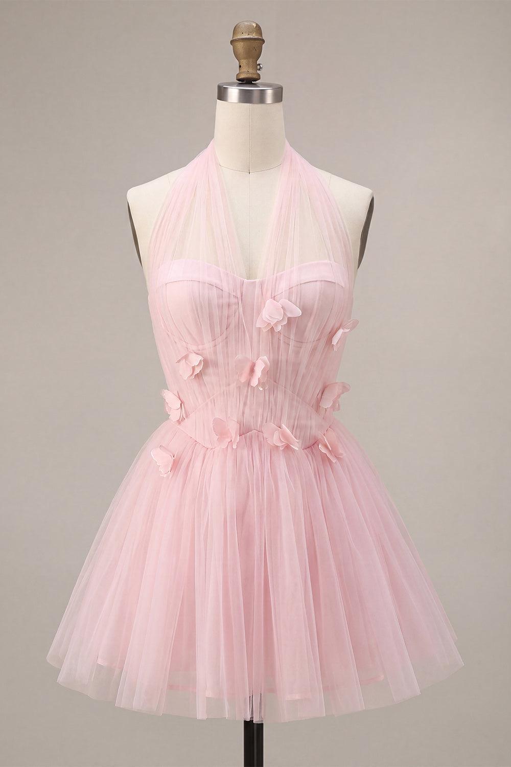Pink Tulle A-Line Halter Short Homecoming Dress with 3D Flowers