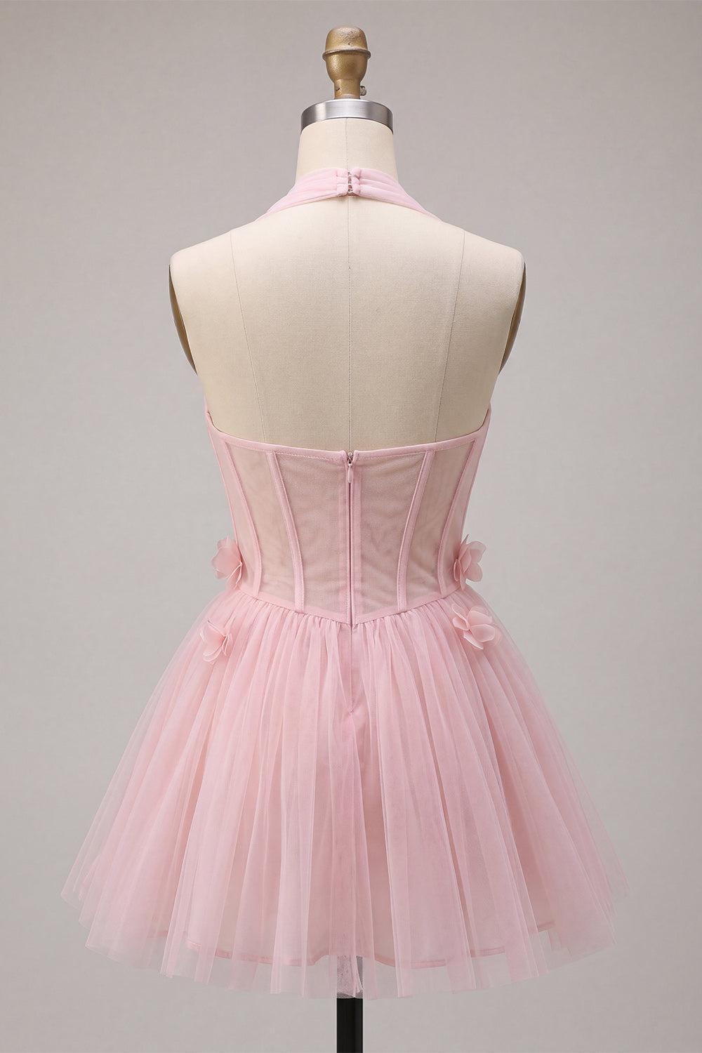 Pink Tulle A-Line Halter Short Homecoming Dress with 3D Flowers
