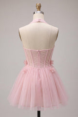 Pink Tulle A-Line Halter Short Homecoming Dress with 3D Flowers