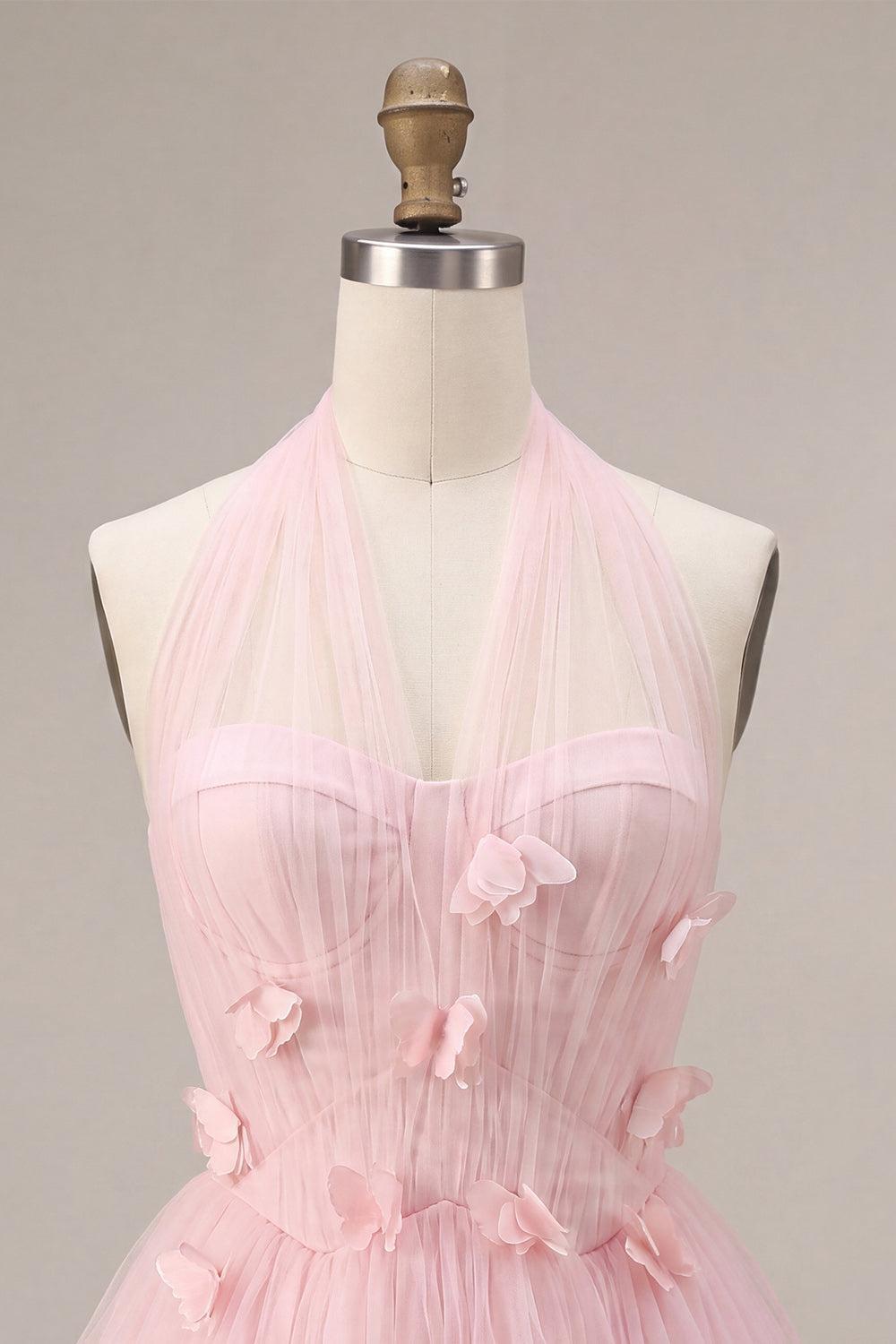 Pink Tulle A-Line Halter Short Homecoming Dress with 3D Flowers