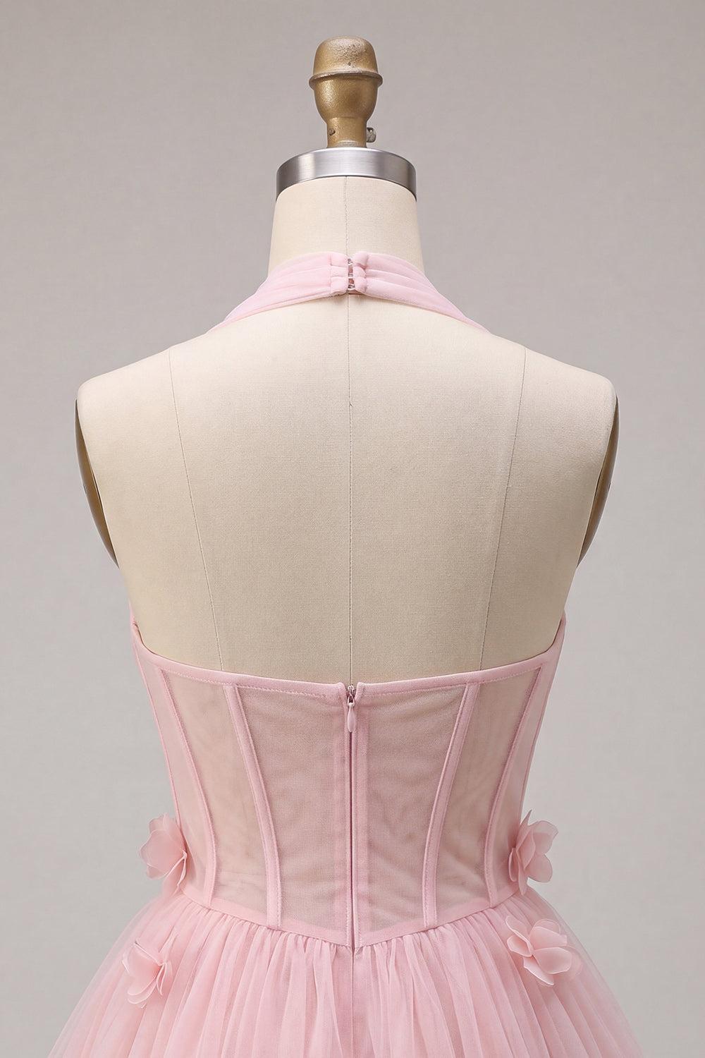 Pink Tulle A-Line Halter Short Homecoming Dress with 3D Flowers