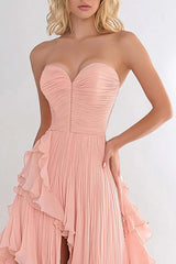 Pink Wedding Guest Dress A Line Sweetheart Chiffon Long Prom Dress With Ruffles