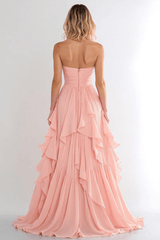 Dreamyannie Pink Wedding Guest Dress A Line Sweetheart Chiffon Long Prom Dress With Ruffles