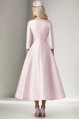 Dreamyannie Pink Wedding Guest Dress Satin A Line Tea Length Formal Dress With 3/4 Sleeves