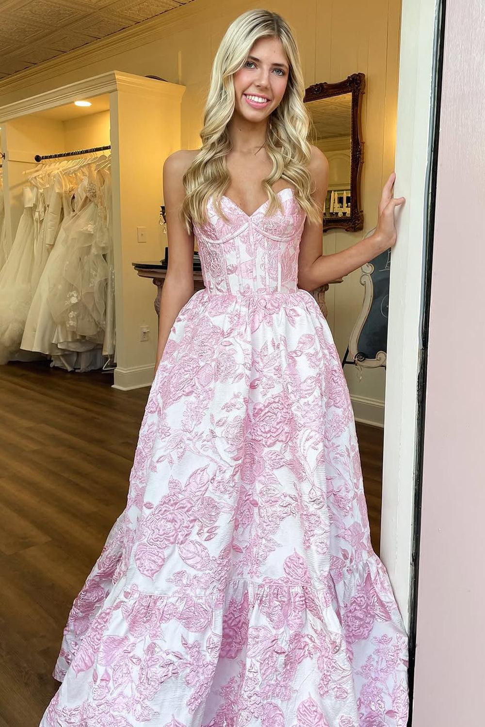 A-Line Blue Sweetheart Floral Corset Long Prom Dress