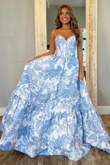 A-Line Blue Sweetheart Floral Corset Long Prom Dress