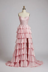 Pink Sweetheart Neck Prom Dress Satin Lace A Line Tiered Formal Dress