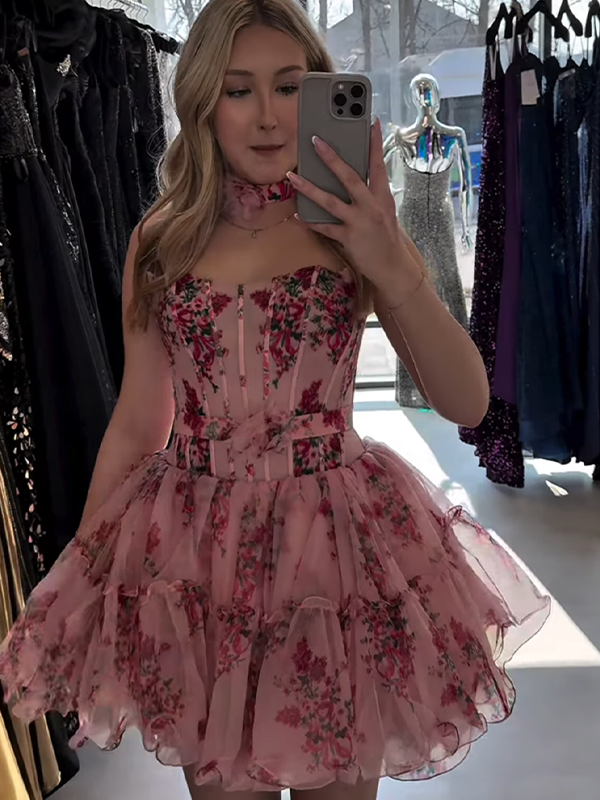 Corset Strapless A Line Short Homecoming Dress with Ruffles