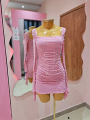 Sheath Tulle Pleated Tight Homecoming Dress with Pearls