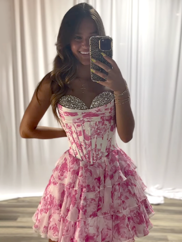 Strapless A-Line Sweetheart Empire Beaded Floral Homecoming Dress