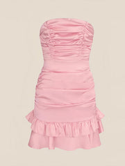 Strapless Ruched Bow Back Homecoming Dress with Ruffle