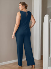 Plus Size 3 Piece Chiffon Pantsuit with Scoop Neck 3/4 Sleeves and Long Jacket Featuring Pockets