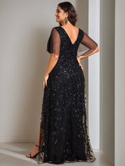 Plus Size Asymmetrical A Line V Neck Short Sleeve Mother of the Bride Dress with Sequins