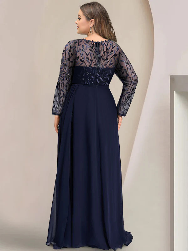 Plus Size Long Mother of the Bride A Line Dress with Scoop Neck Long Sleeves Side Split Ruffles & Sequins