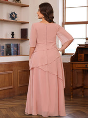 Plus Size Long Mother of the Bride A Line Dress with Scoop Neck and Ruffled Half Sleeves