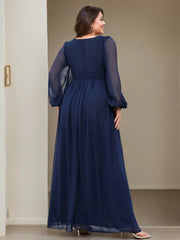 Plus Size Long Mother of the Bride A Line Dress with V Neck and Ruffled Long Sleeves
