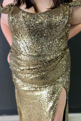 Plus Size Golden Prom Dress Off the Shoulder Mermaid Evening Dress with Slit