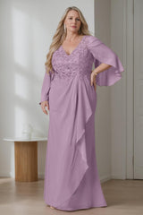 Plus Size Long V Neck A Line Mother of the Bride Dress with Ruffles and Long Sleeves