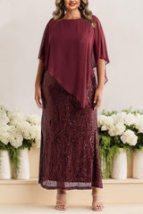 Plus Size Sequined A Line Mother of the Bride Dress with Scoop Neck and Half Sleeves