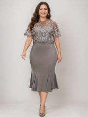 Plus Size Tea Length Mother of the Bride Dresses with Appliques Trumpet Mermaid Scoop Half Sleeves