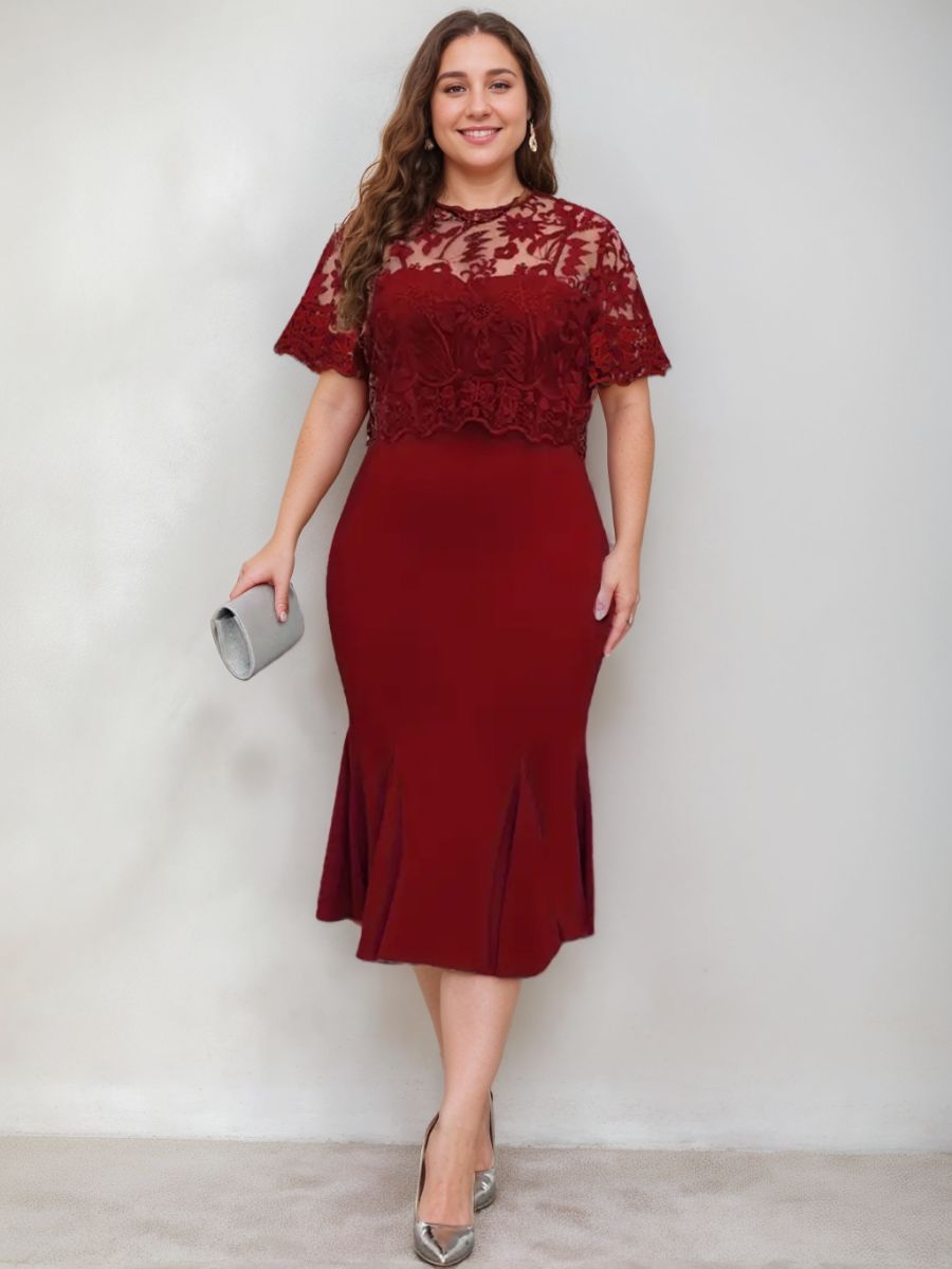 Plus Size Tea Length Mother of the Bride Dresses with Appliques Trumpet Mermaid Scoop Half Sleeves