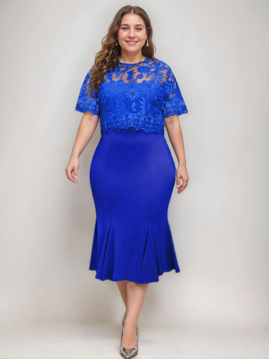 Plus Size Tea Length Mother of the Bride Dresses with Appliques Trumpet Mermaid Scoop Half Sleeves