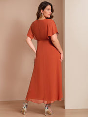 Plus Size V Neck A Line Mother of the Bride Dress with Short Sleeves and Asymmetrical Appliques