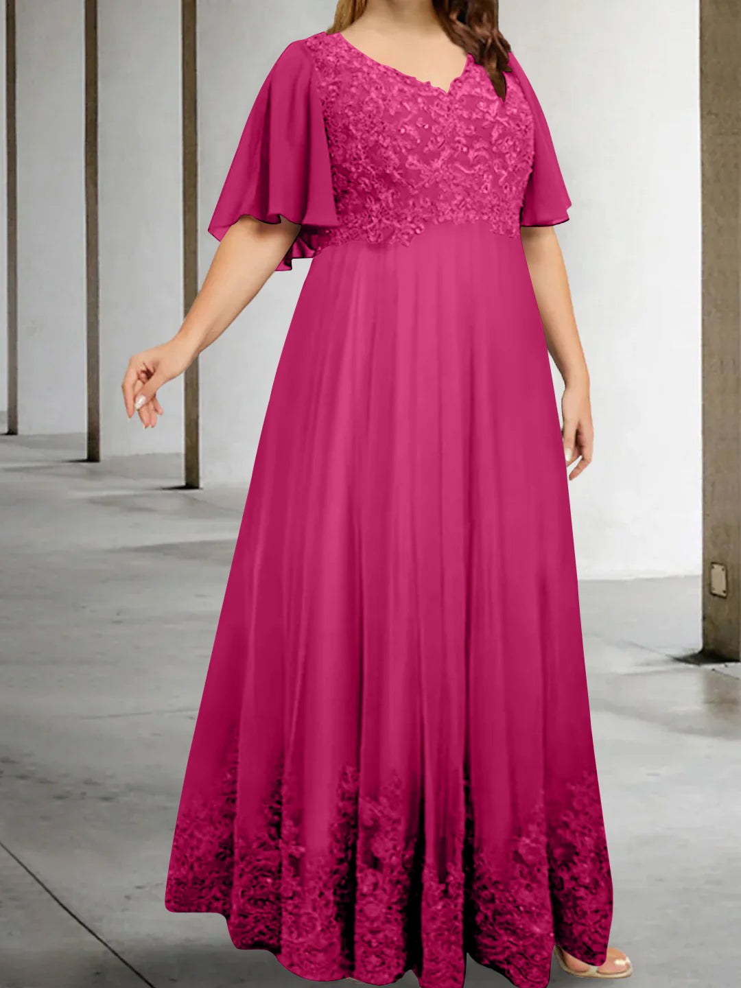 Plus Size V Neck A Line Long Mother of the Bride Dress with Appliques and Half Sleeves