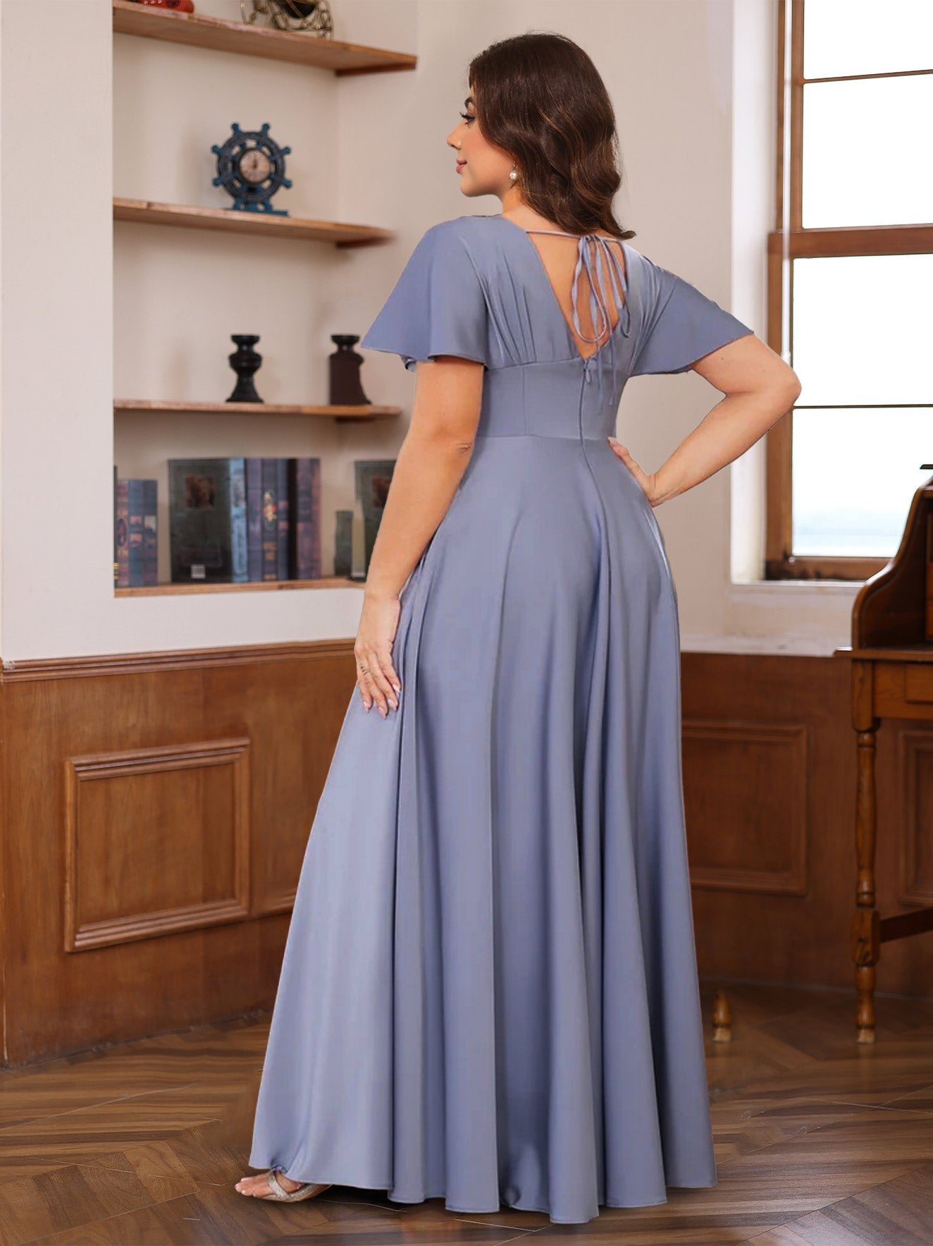 Plus Size V Neck A Line Long Mother of the Bride Dress with Ruffles and Short Sleeves