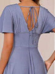 Plus Size V Neck A Line Long Mother of the Bride Dress with Ruffles and Short Sleeves