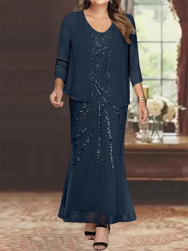 Plus Size V Neck Ankle Length Sheath Column Mother of the Bride Dresses with Sequins & Jacket