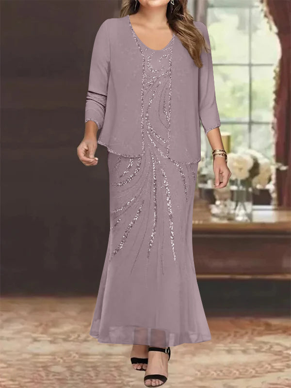 Plus Size V Neck Ankle Length Sheath Column Mother of the Bride Dresses with Sequins & Jacket