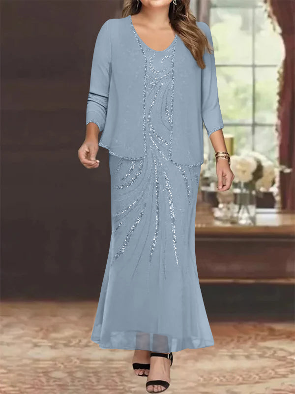 Plus Size V Neck Ankle Length Sheath Column Mother of the Bride Dresses with Sequins & Jacket