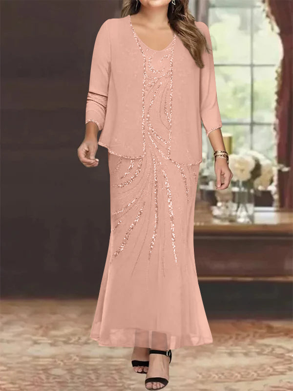 Plus Size V Neck Ankle Length Sheath Column Mother of the Bride Dresses with Sequins & Jacket