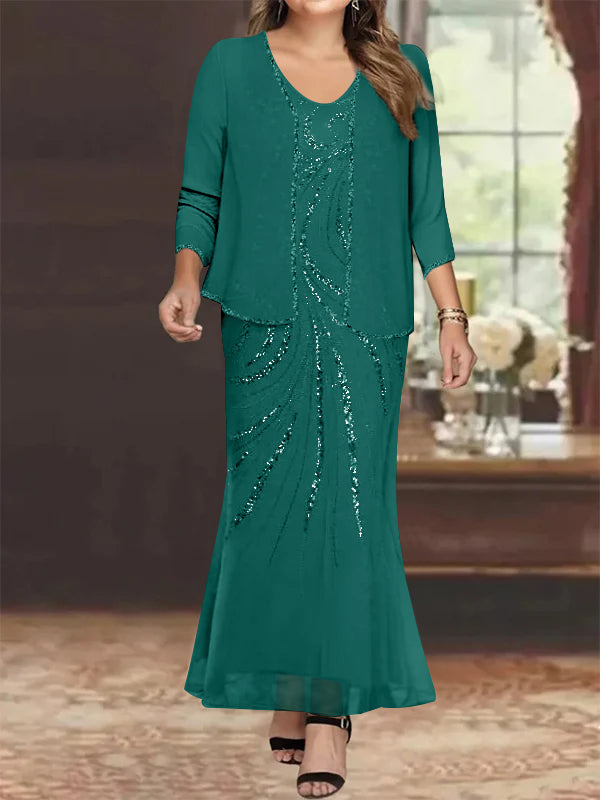 Plus Size V Neck Ankle Length Sheath Column Mother of the Bride Dresses with Sequins & Jacket