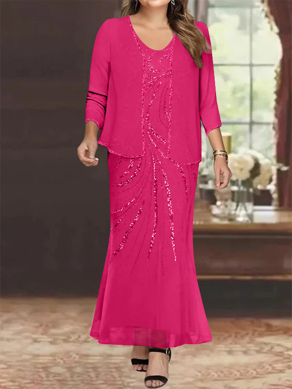 Plus Size V Neck Ankle Length Sheath Column Mother of the Bride Dresses with Sequins & Jacket