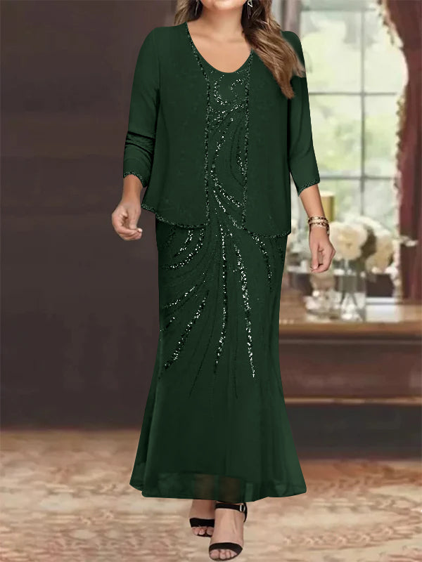 Plus Size V Neck Ankle Length Sheath Column Mother of the Bride Dresses with Sequins & Jacket