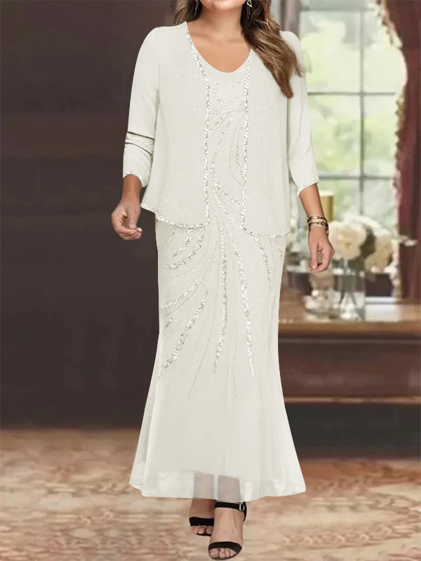 Plus Size V Neck Ankle Length Sheath Column Mother of the Bride Dresses with Sequins & Jacket