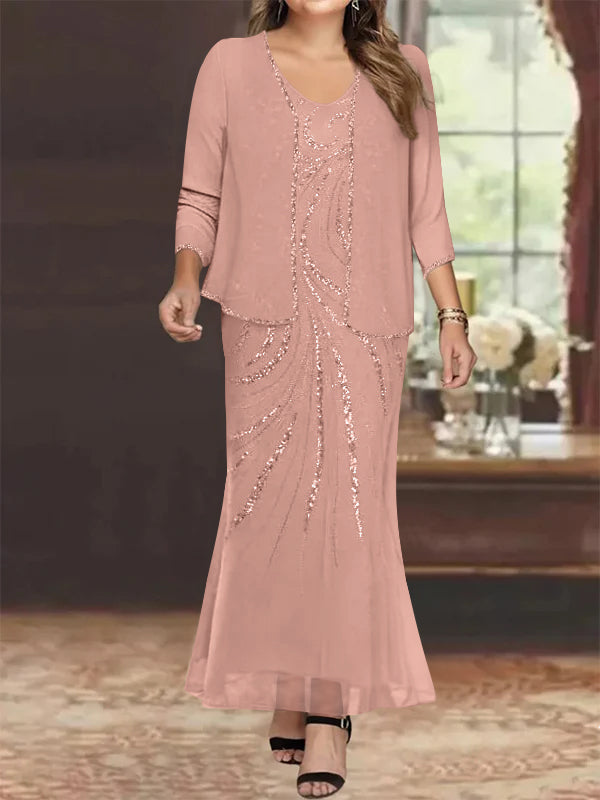 Plus Size V Neck Ankle Length Sheath Column Mother of the Bride Dresses with Sequins & Jacket