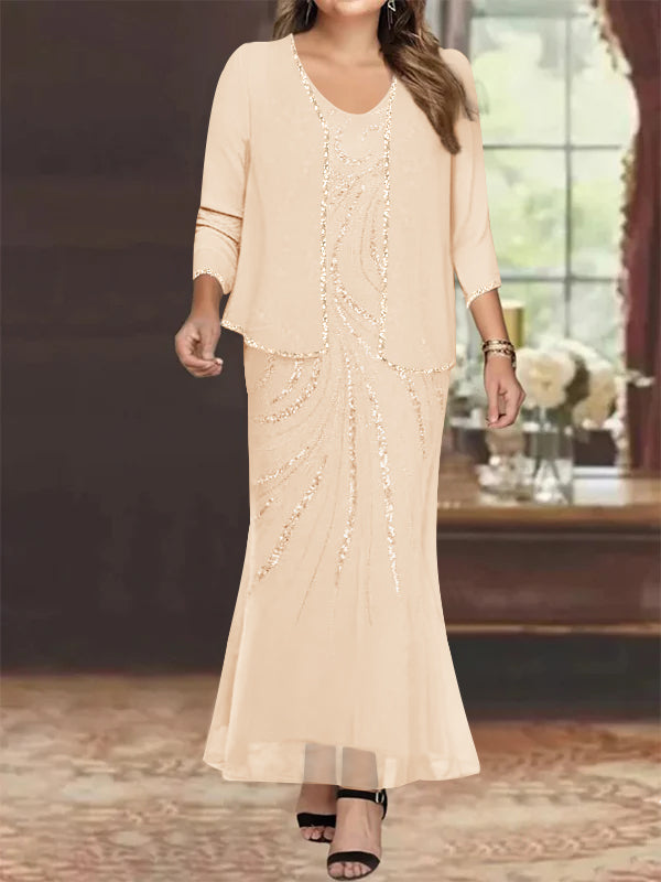 Plus Size V Neck Ankle Length Sheath Column Mother of the Bride Dresses with Sequins & Jacket