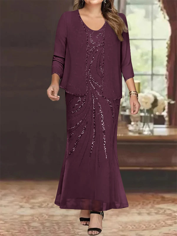 Plus Size V Neck Ankle Length Sheath Column Mother of the Bride Dresses with Sequins & Jacket