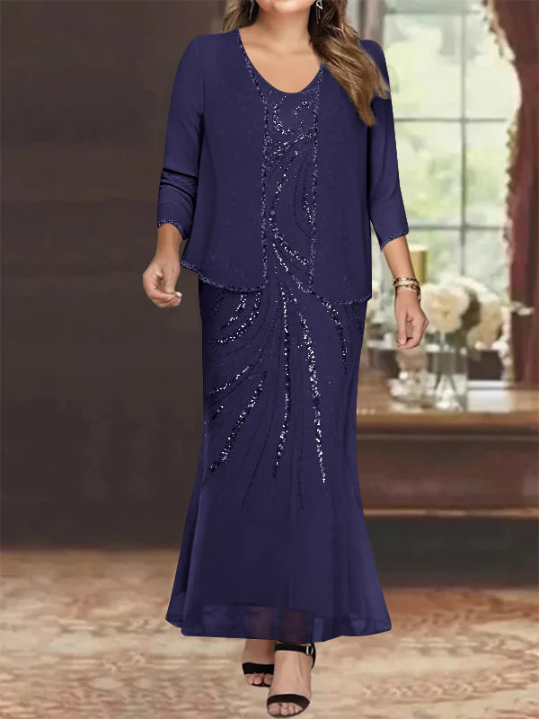 Plus Size V Neck Ankle Length Sheath Column Mother of the Bride Dresses with Sequins & Jacket